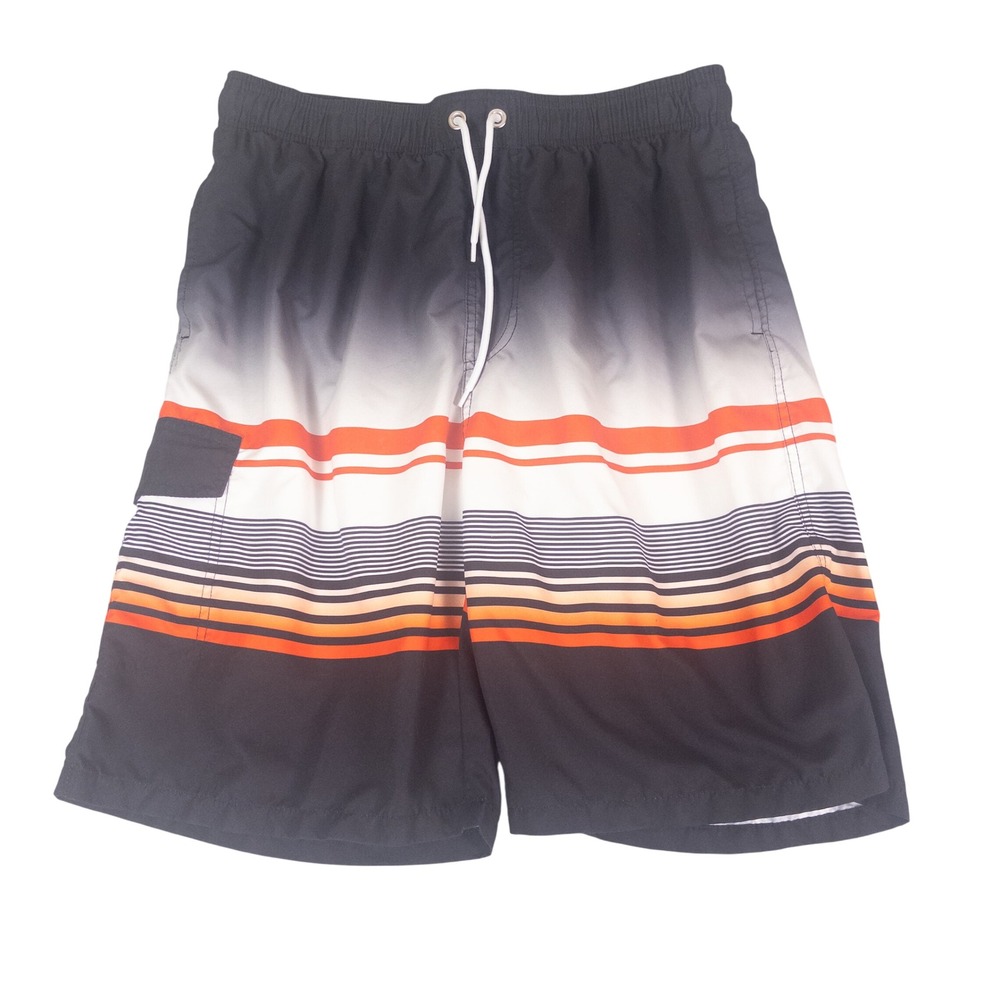 Manfinity Mens Swim Trunks XXL Black White Orange Ombre Striped Mesh Line Shorts